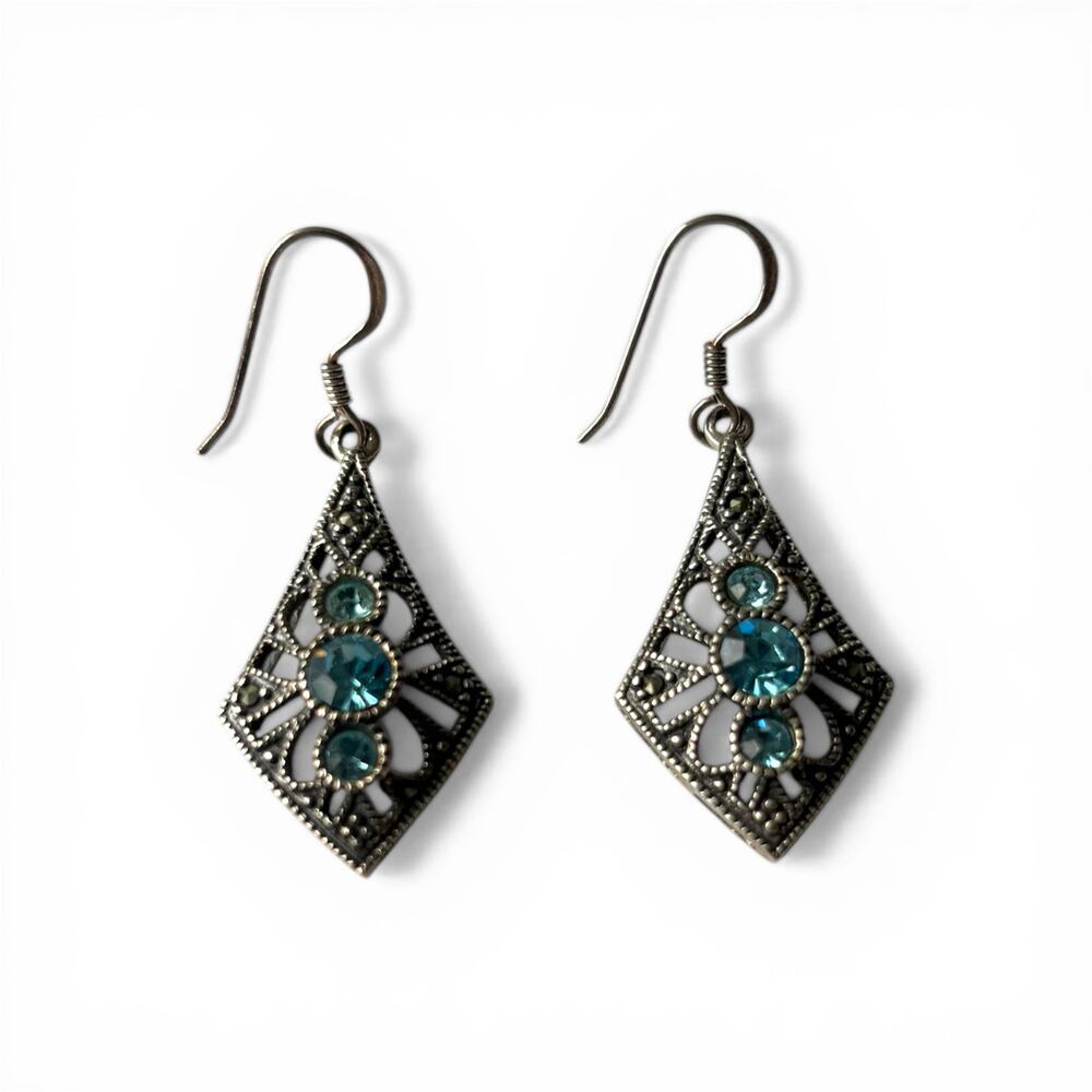 Vintage CW Sterling Silver Marcasite Blue Glass Art Deco Earrings